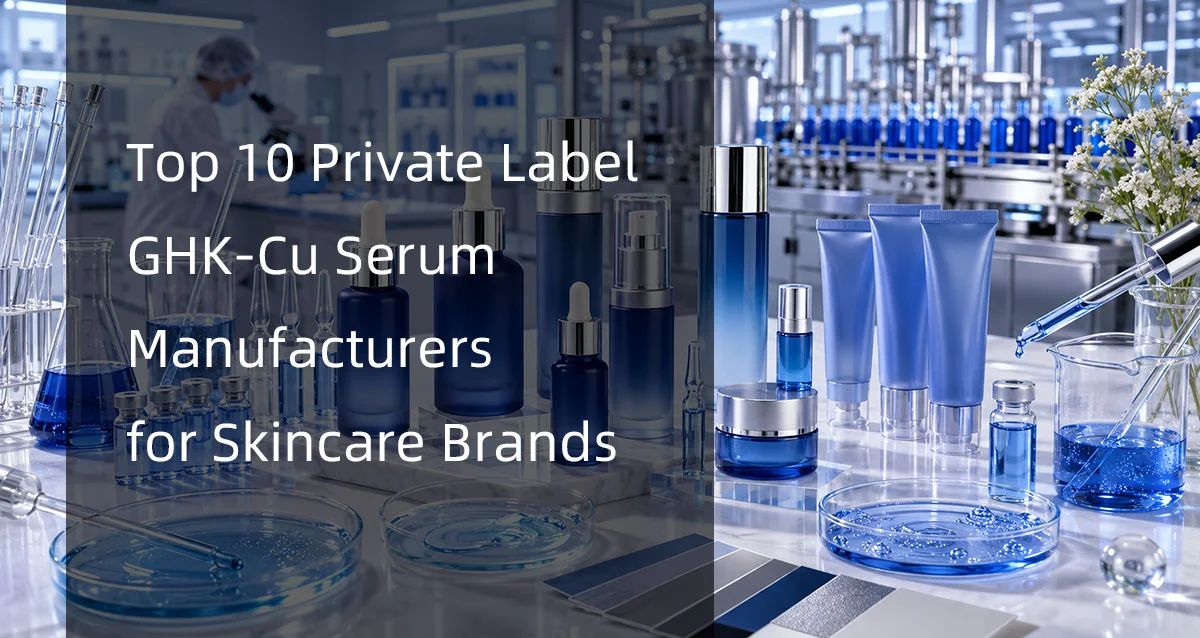 Laboratory setup with blue skincare product bottles, test tubes, and equipment highlighting private label GHK-Cu serum manufacturers.